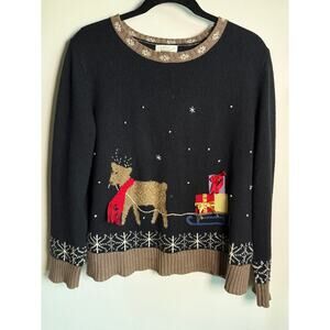 CHRISTOPHER & BANKS | 2005 Reindeer Sleigh Novelty Christmas Sweater | Medium